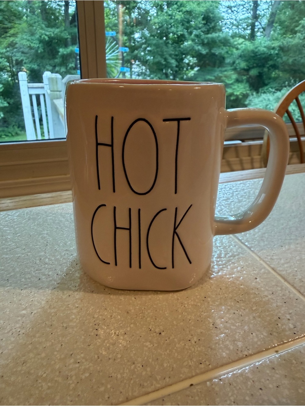 Rae Dunn White Ceramic Mug with BLACK "HOT CHICK" Text- Pink interior